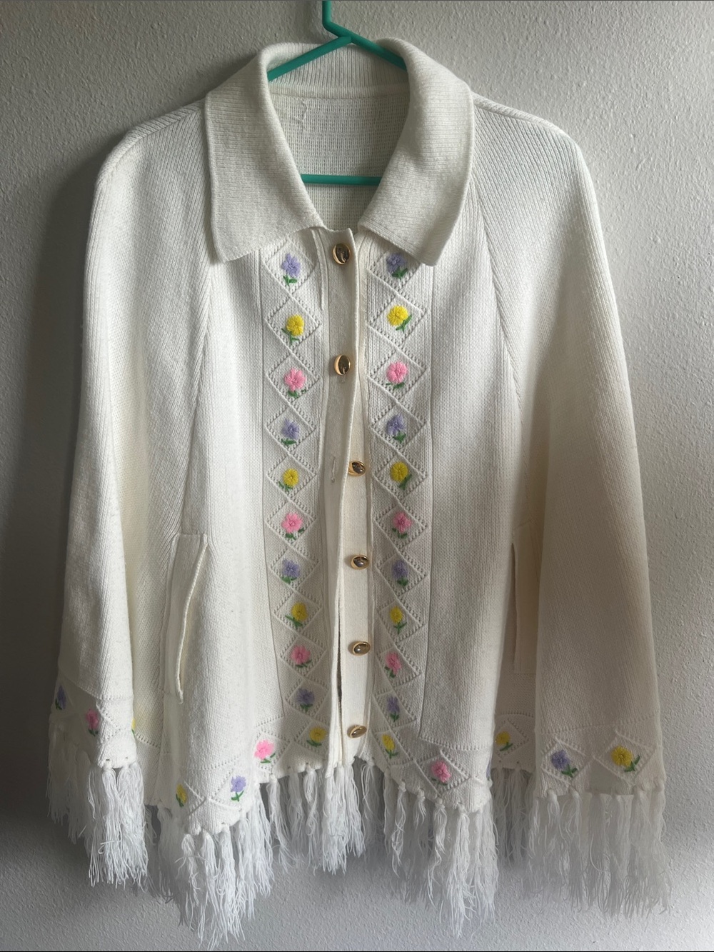 Vintage Cream Fringe Knit Cape with Floral Embroidery